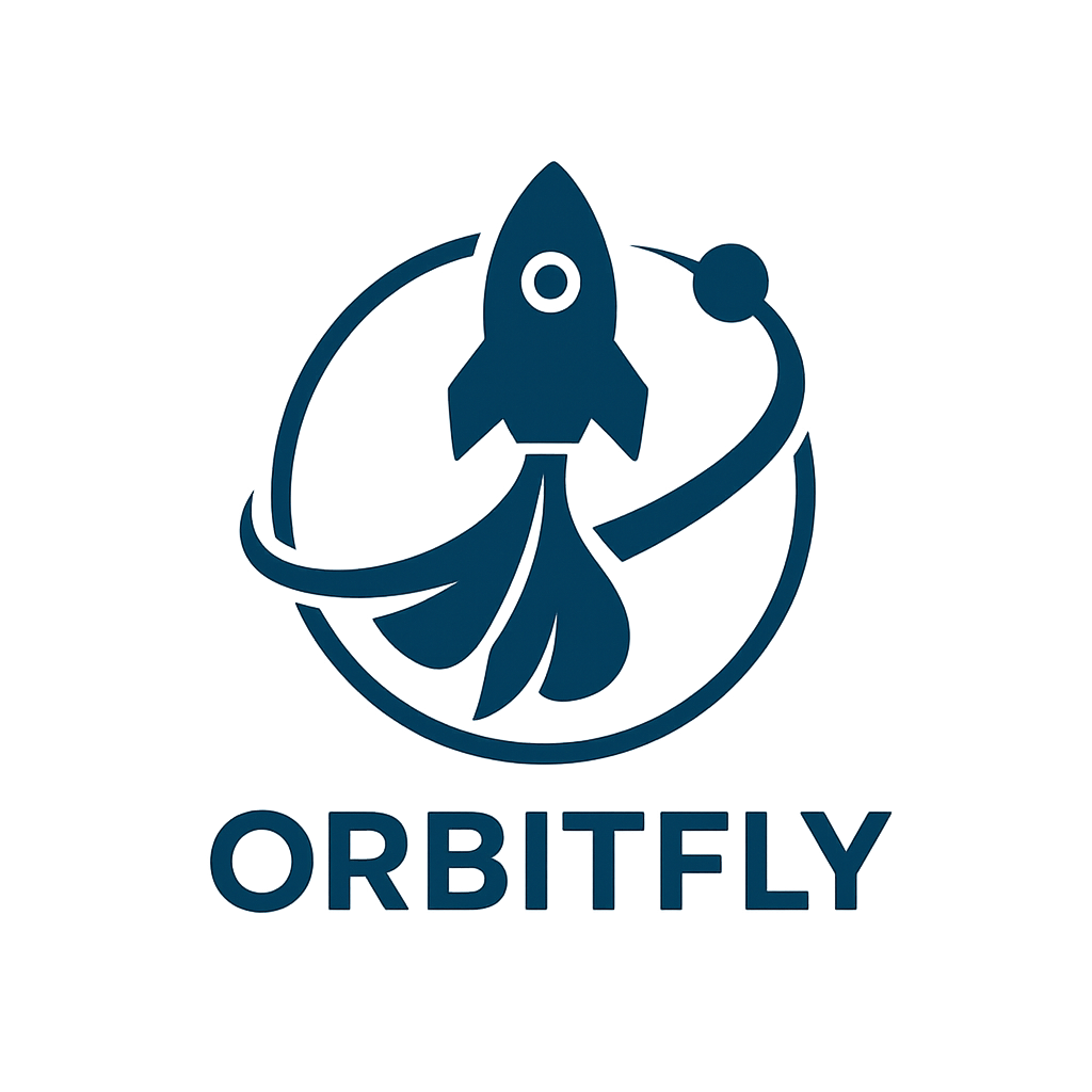Orbitfly airline logo - blue and white design with stylized airplane wing